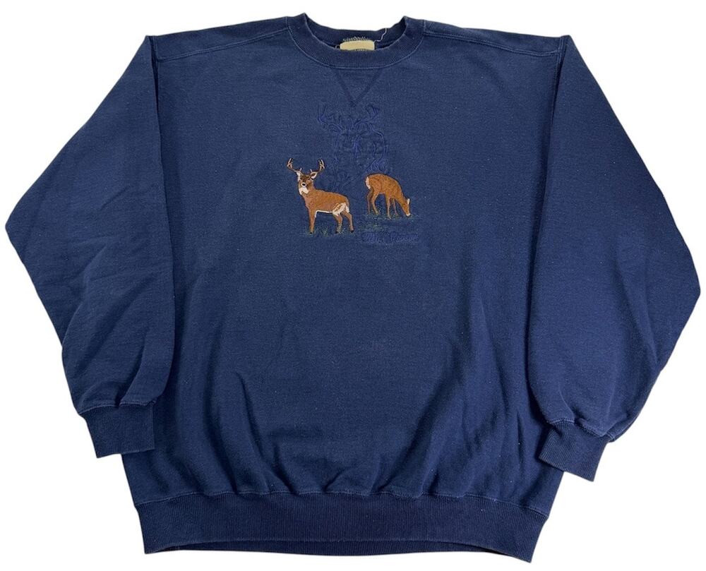 Vintage 90s Deer Outdoor Crewneck Mens Large Embroidered Hunting Blue Sweatshirt